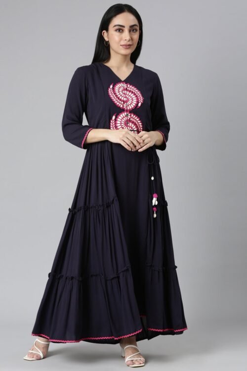 Websprint Navy Blue Flared Casual Solid Maxi Dress – Effortless Everyday Style