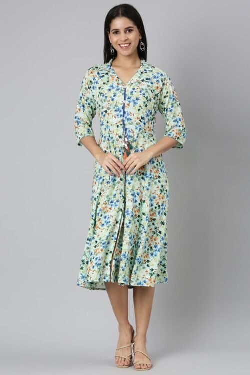 Websprint Green Flared Floral Fit-and-Flare Dresses – Casual-Chic Style