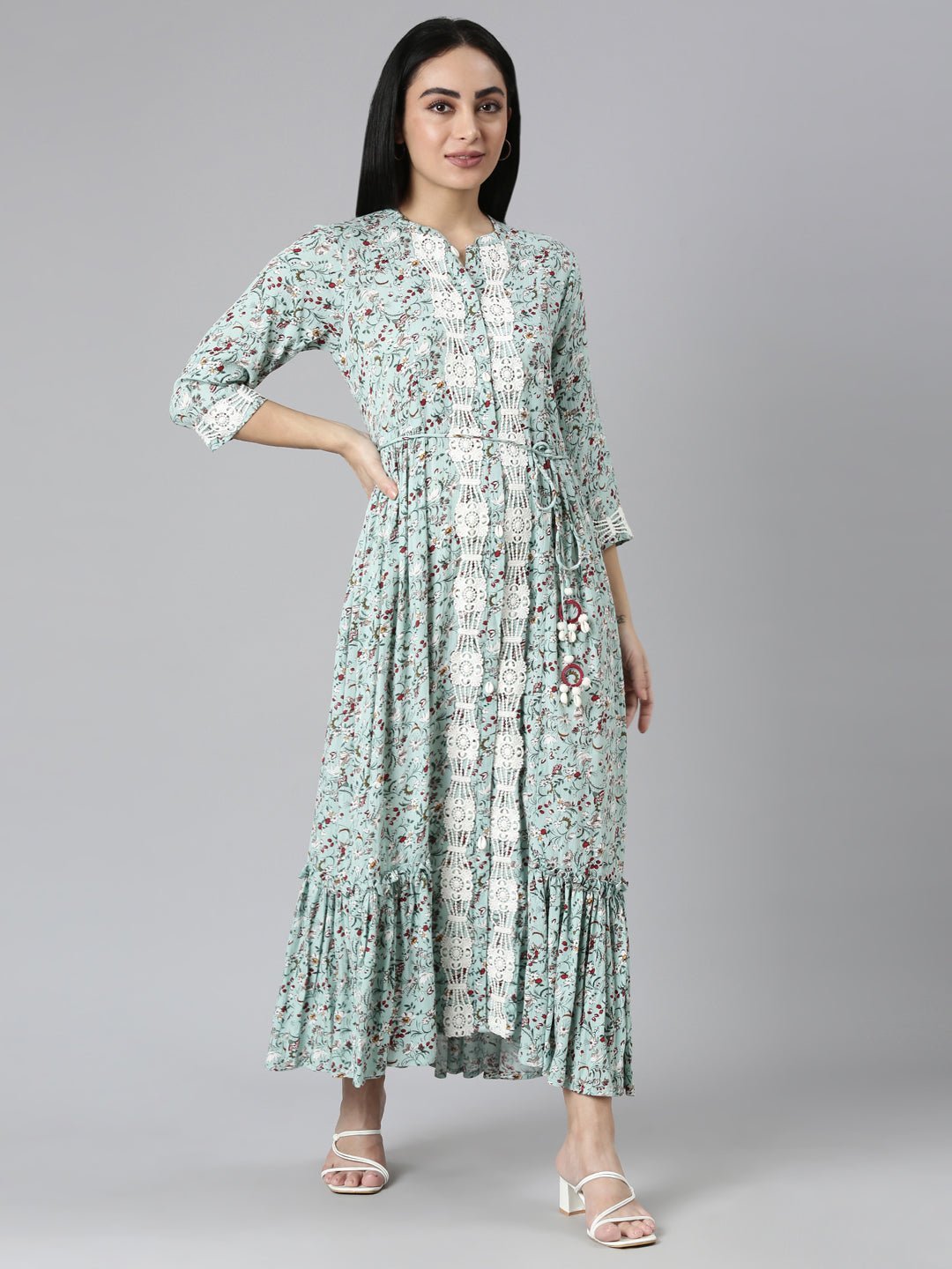 Websprint Green Flared Floral Maxi Dresses - Casual Everyday Style