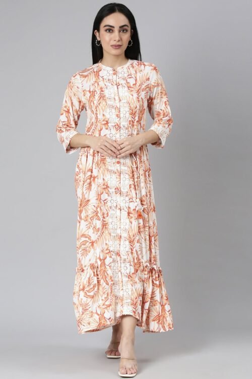 Transacthubs Orange Flared Floral Maxi Dresses – Casual, Chic & Flowy