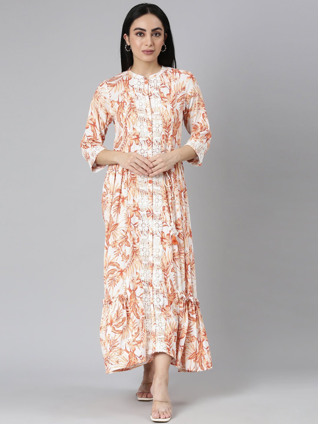 Websprint Orange Flared Floral Maxi Dresses - Casual, Chic & Flowy