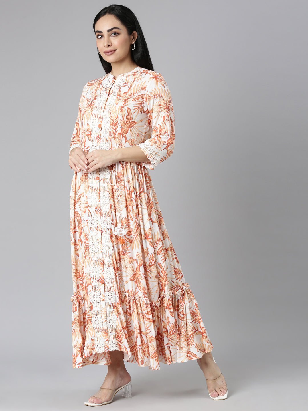 Websprint Orange Flared Floral Maxi Dresses - Casual, Chic & Flowy - Image 2