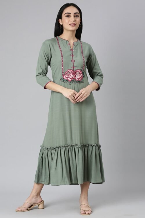 Websprint Green Flared Casual Solid Maxi Dresses – Effortless Everyday Style
