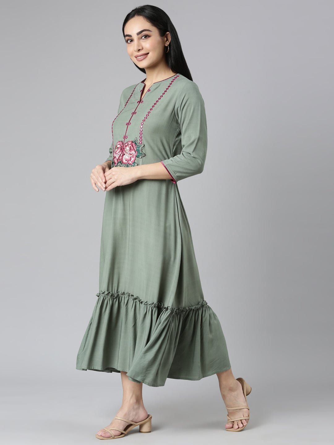 Websprint Green Flared Casual Solid Maxi Dresses - Effortless Everyday Style - Image 2