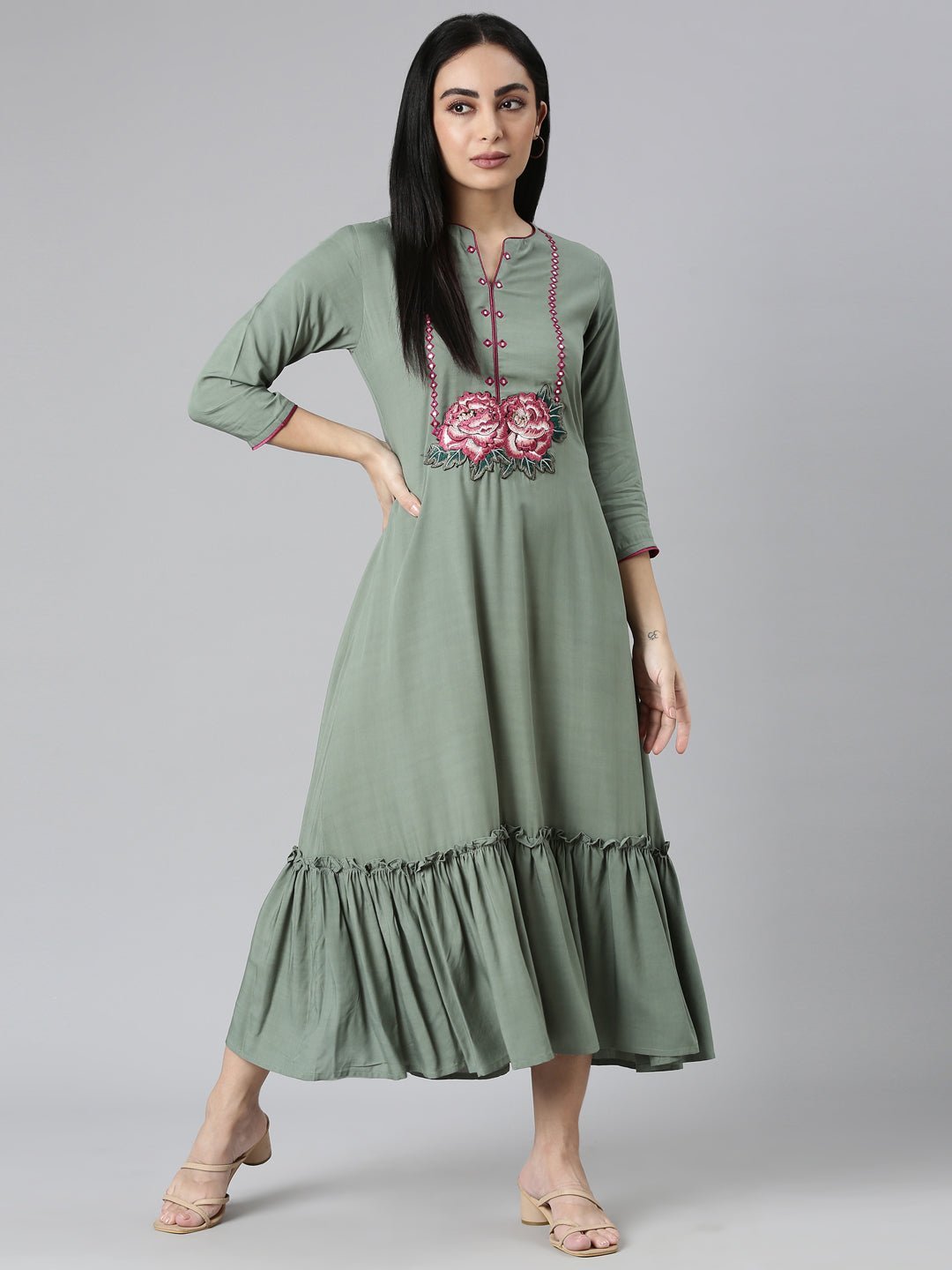 Websprint Green Flared Casual Solid Maxi Dresses - Effortless Everyday Style - Image 5