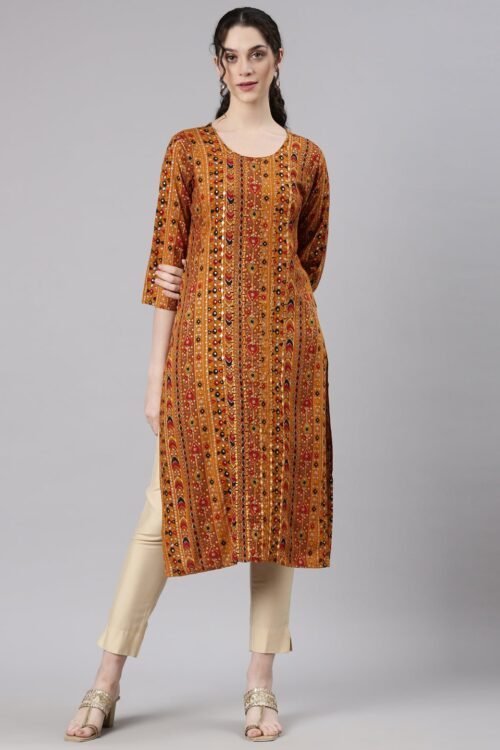 Websprint Mustard Straight Casual Embellished Kurta