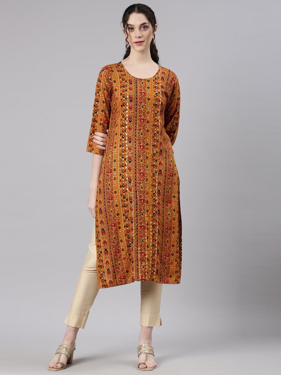Websprint Mustard Straight Casual Embellished Kurta