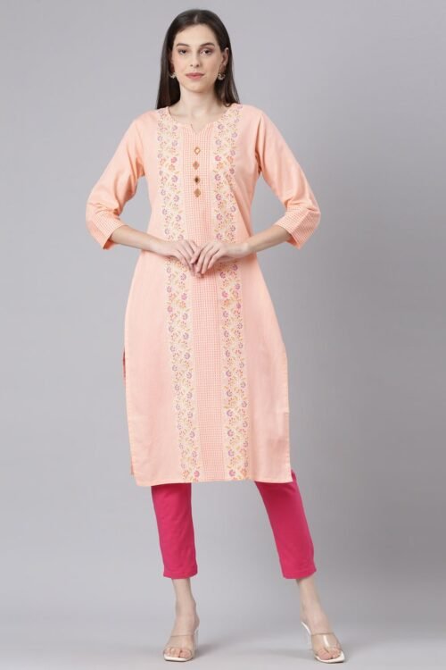 Websprint Orange Casual Floral Straight Kurta