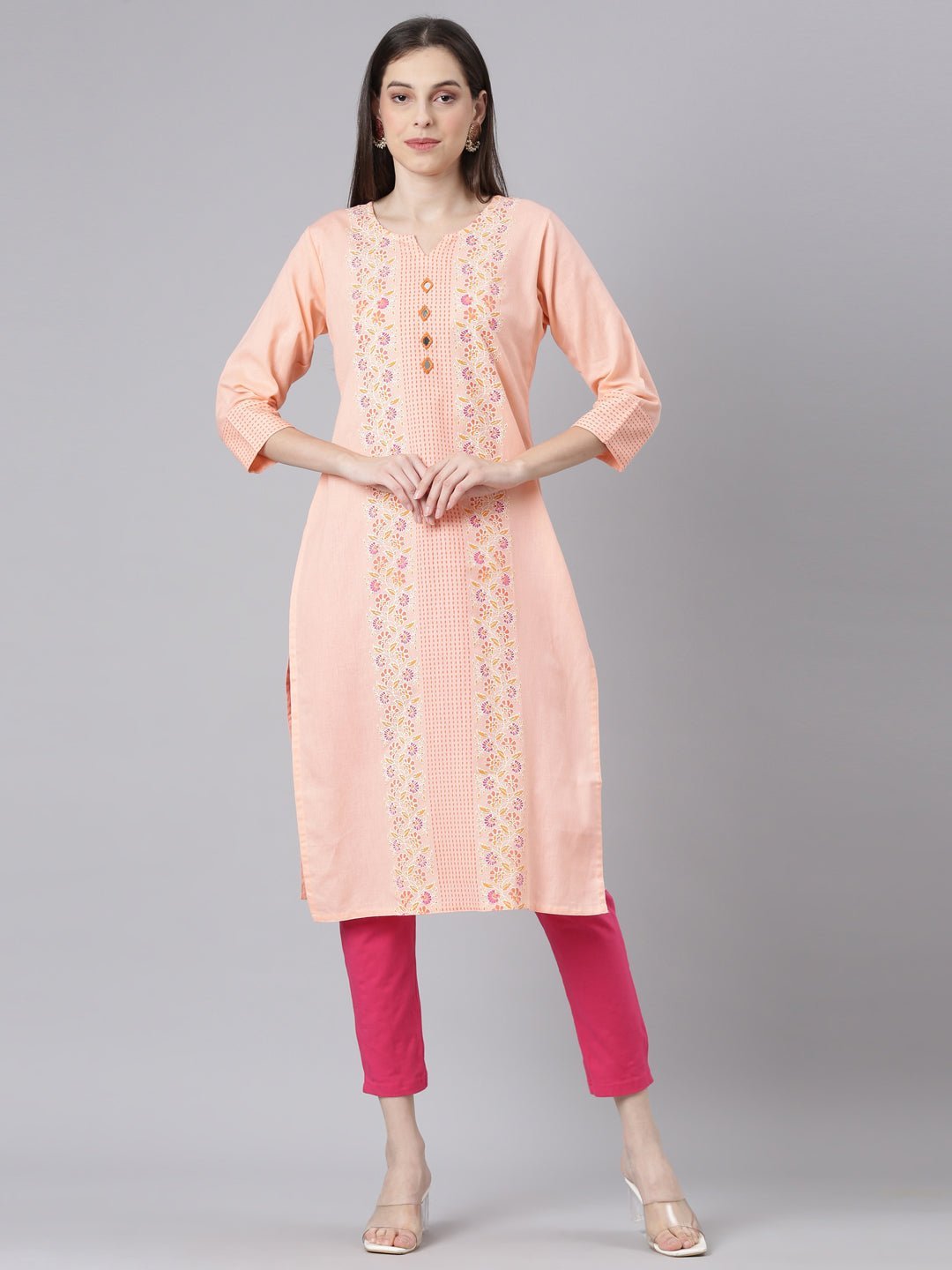 Websprint Orange Casual Floral Straight Kurta