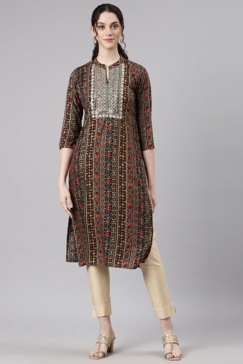 Websprint Olive Straight Casual Ethnic Motifs Kurta