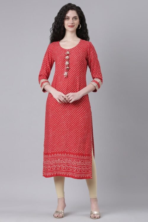 Transacthubs Red Casual Bandhani Straight Kurta