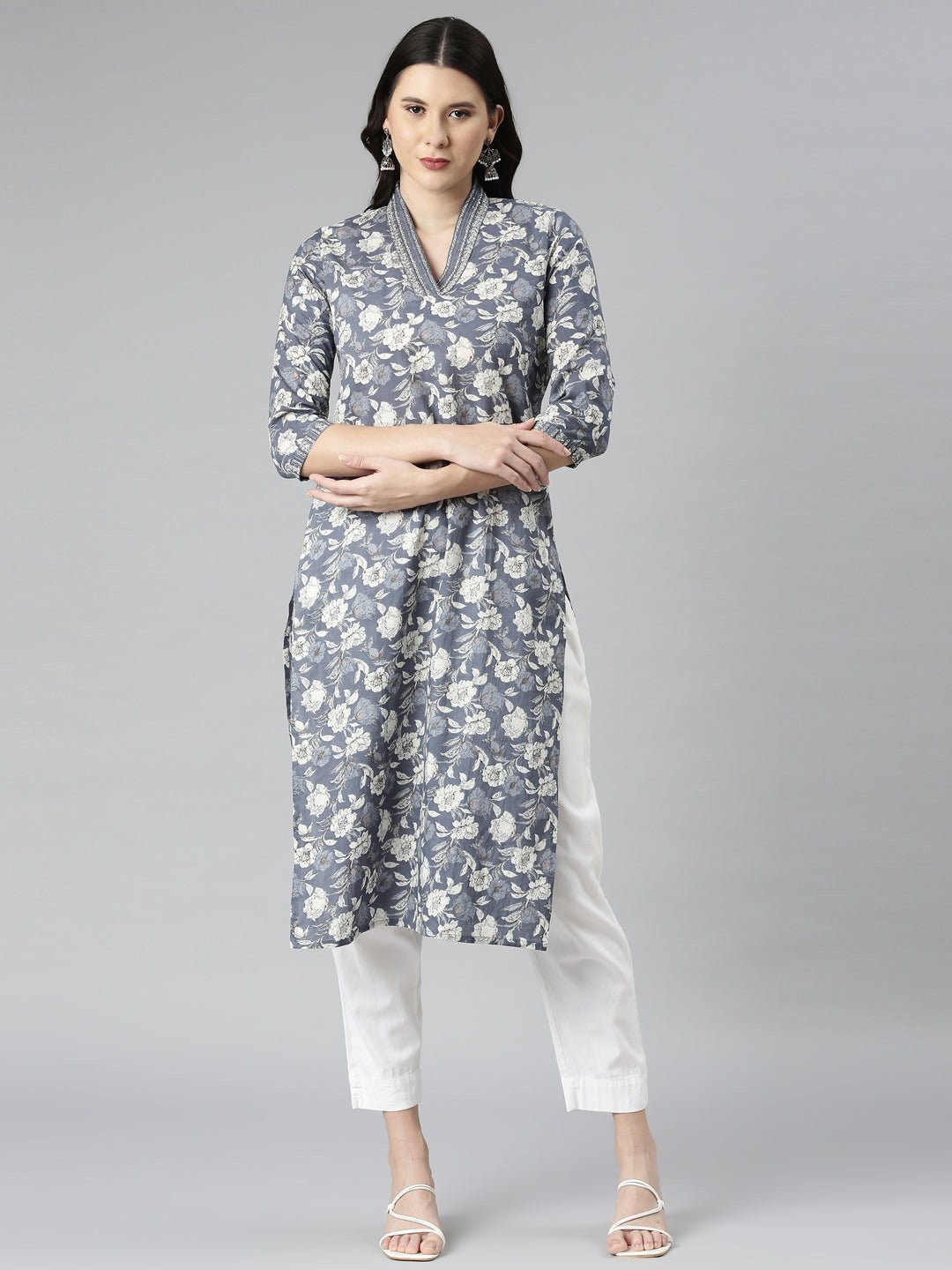 Websprint Grey Casual Floral Straight Kurta