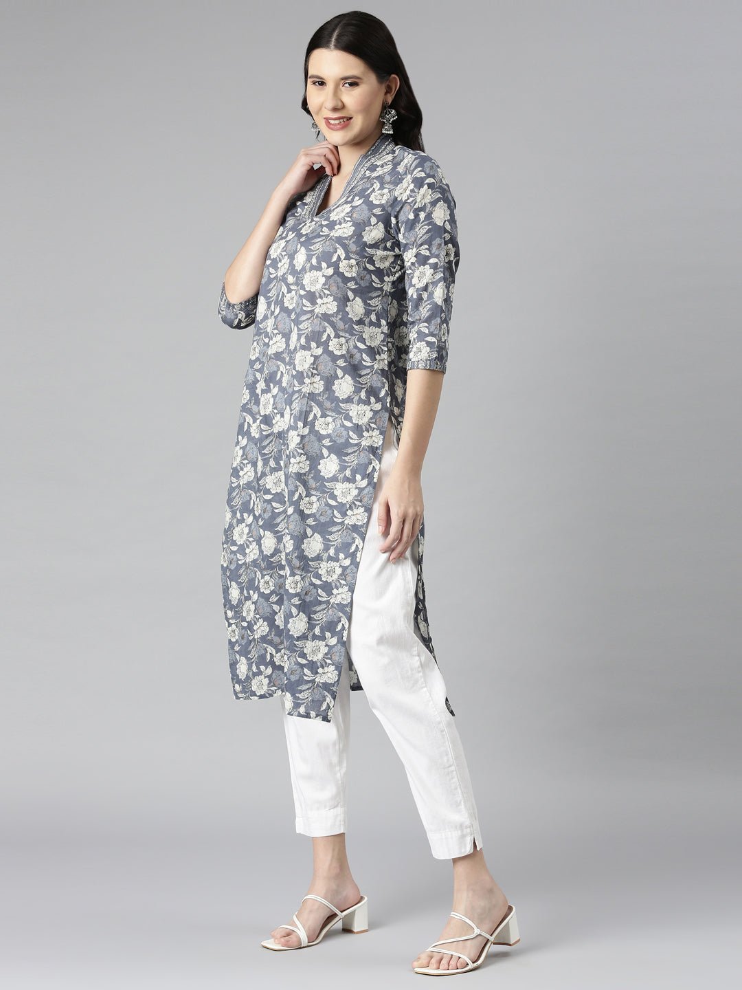 Websprint Grey Casual Floral Straight Kurta - Image 2