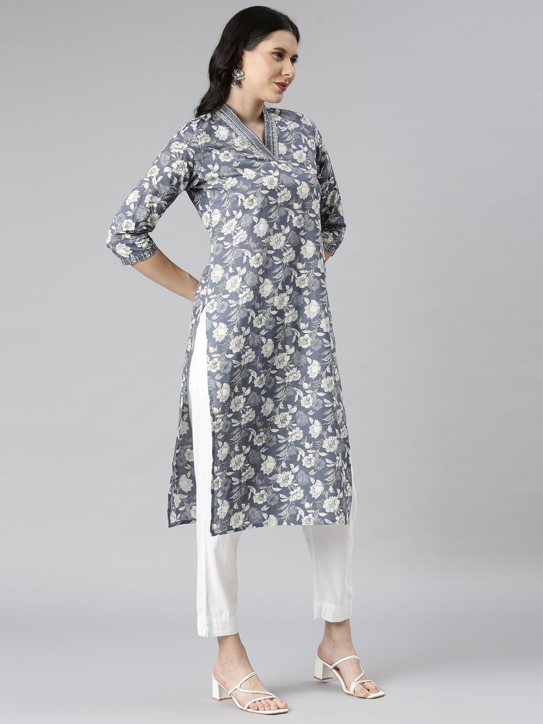 Websprint Grey Casual Floral Straight Kurta - Image 3