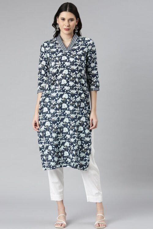 Websprint Navy Blue Casual Floral Straight Kurta