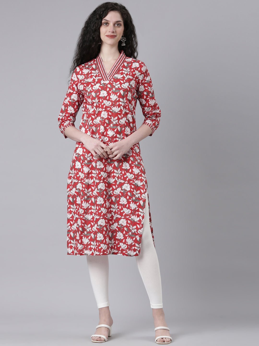 Websprint Red Casual Floral Straight Kurta