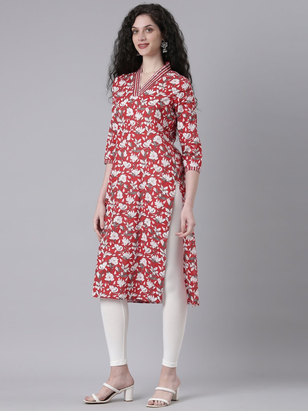 Websprint Red Casual Floral Straight Kurta - Image 2