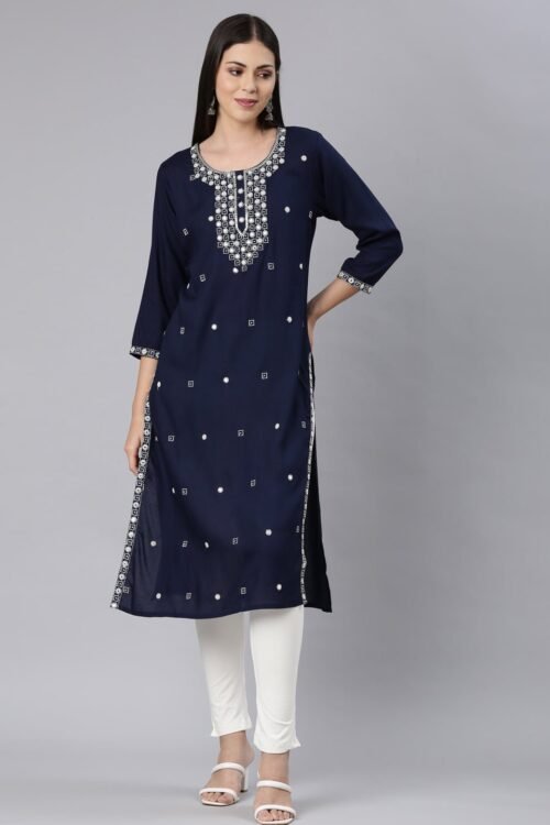 Websprint Navy Blue Straight Casual Solid Straight Kurta