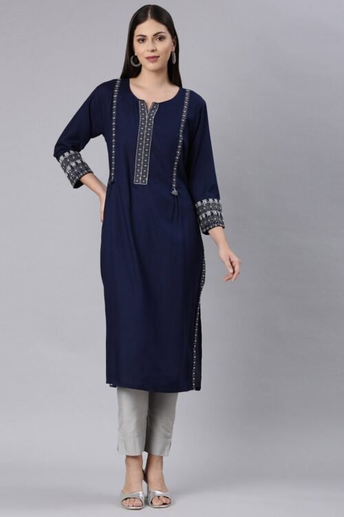 Websprint Navy Blue Straight Casual Solid Straight Kurta