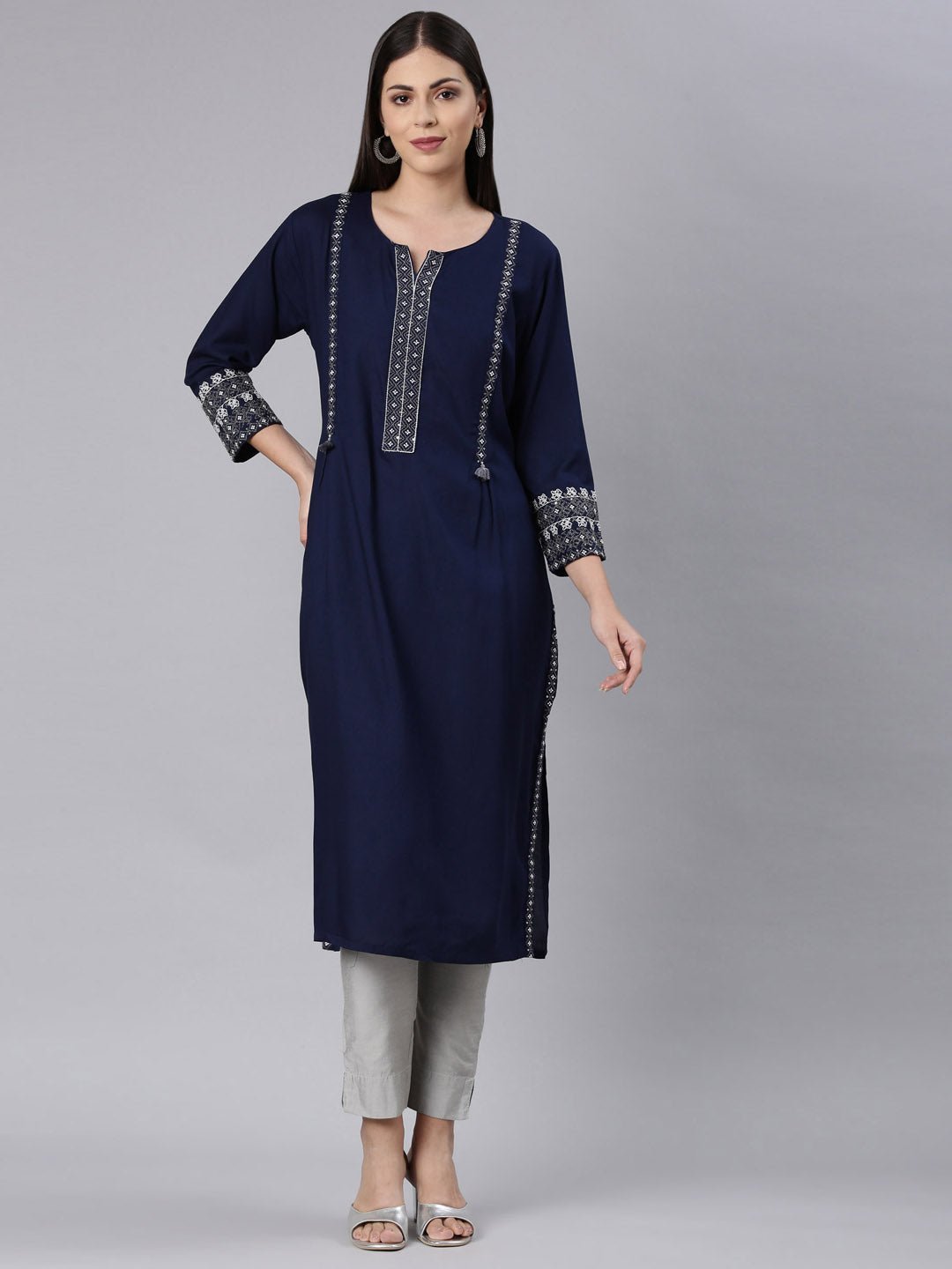 Websprint Navy Blue Straight Casual Solid Straight Kurta